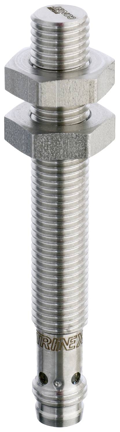 Metal cylinder with thread and two hexagonal nuts on top. Silvery and shiny, possibly part of a mechanical component.