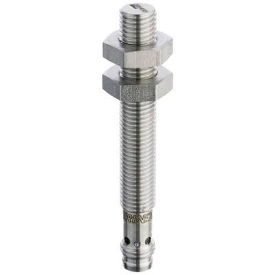Metal cylinder with thread and two hexagonal nuts on top. Silvery and shiny, possibly part of a mechanical component.