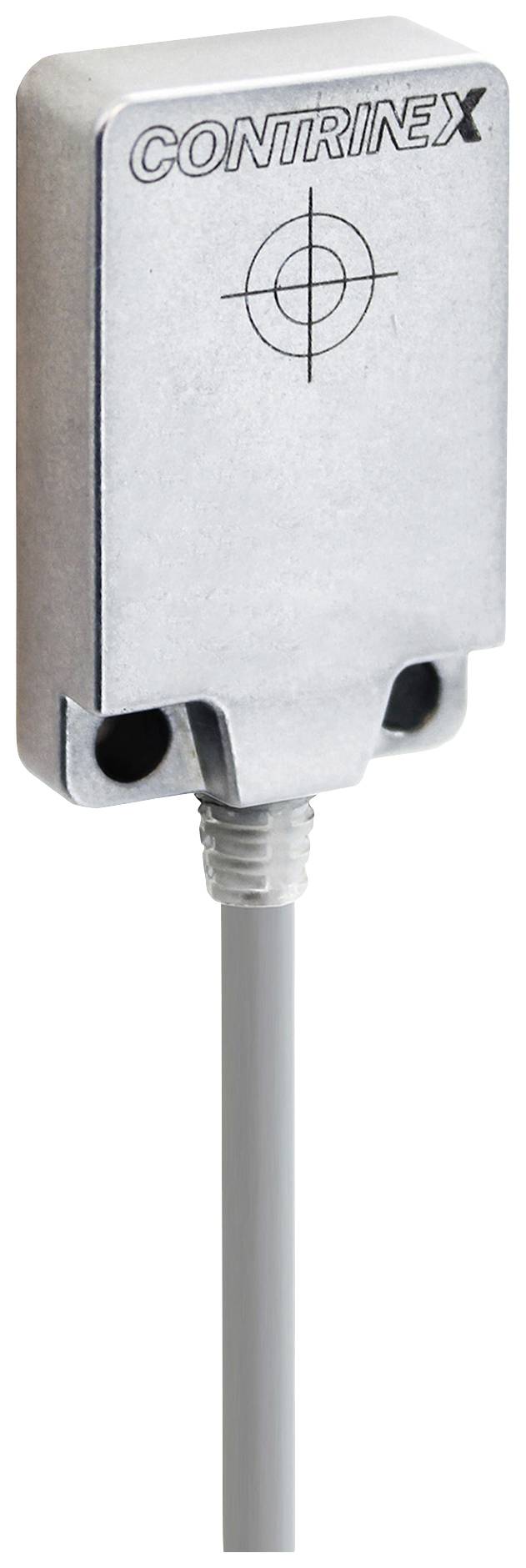 A silver proximity sensor by Contrinex with cable connection, used for object detection in industrial applications.