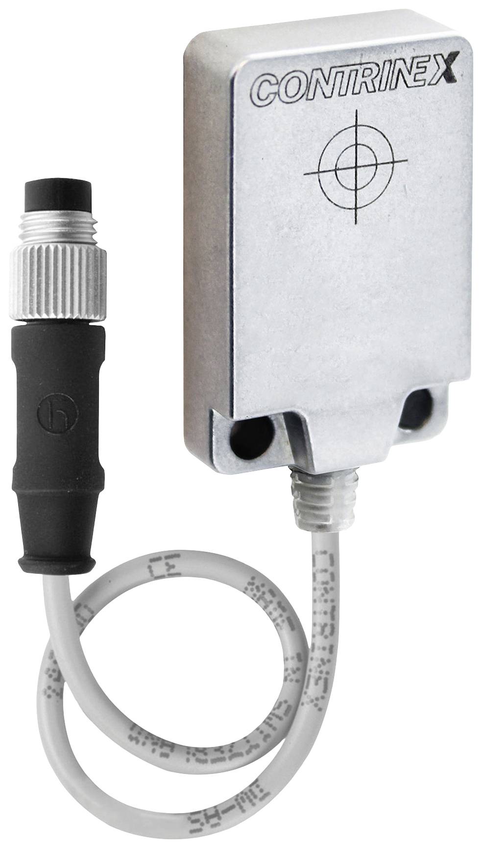 Contrinex inductive proximity sensor, rectangular, with connecting cable and screw connection. Suitable for industrial applications.
