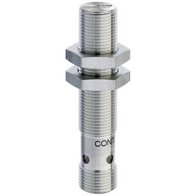 Metallic cylindrical sensor with thread, two nuts and the inscription 'CONT' on the side. Suitable for precise position detection.
