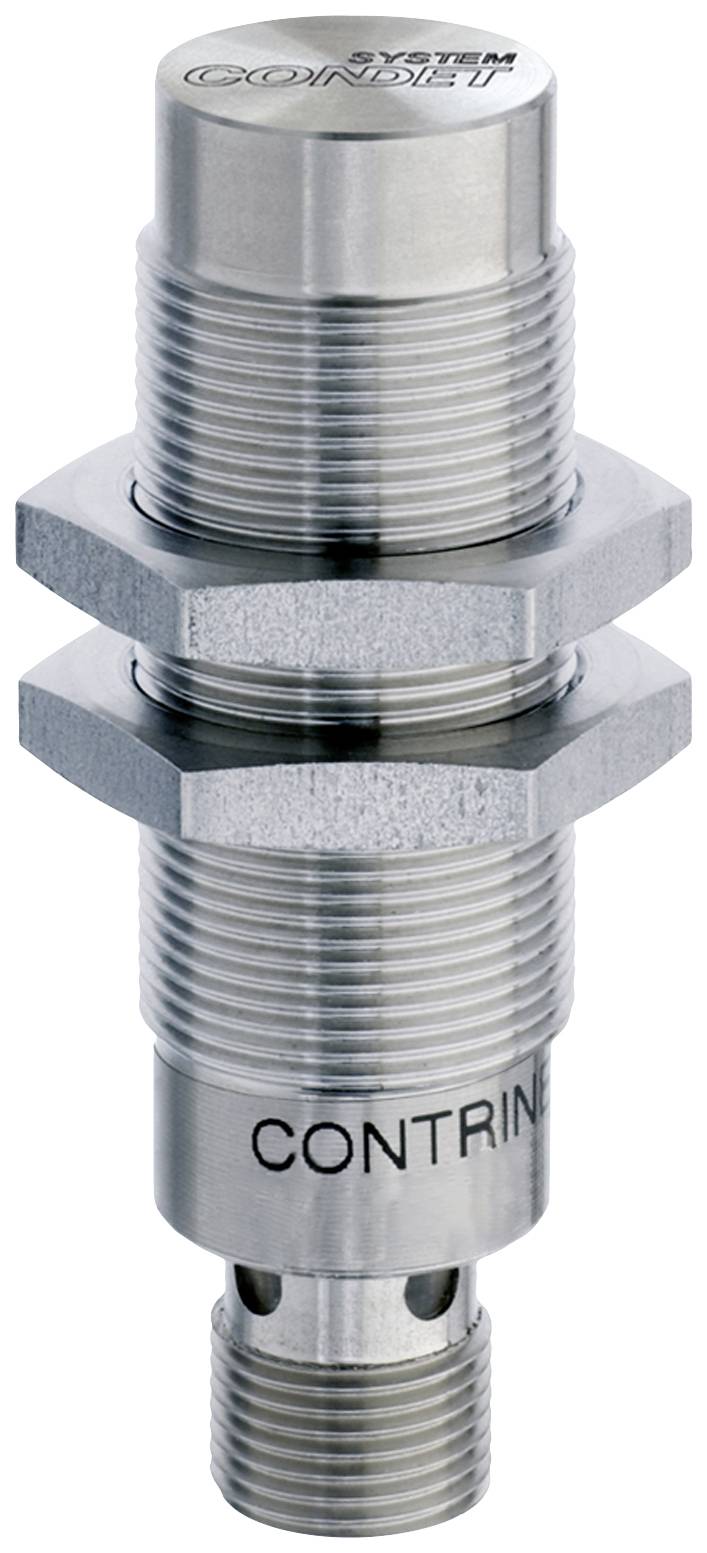 A cylindrical metal proximity sensor with two mounting screws.