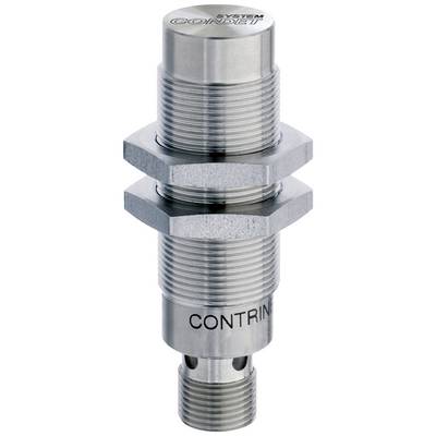 A cylindrical metal proximity sensor with two mounting screws.