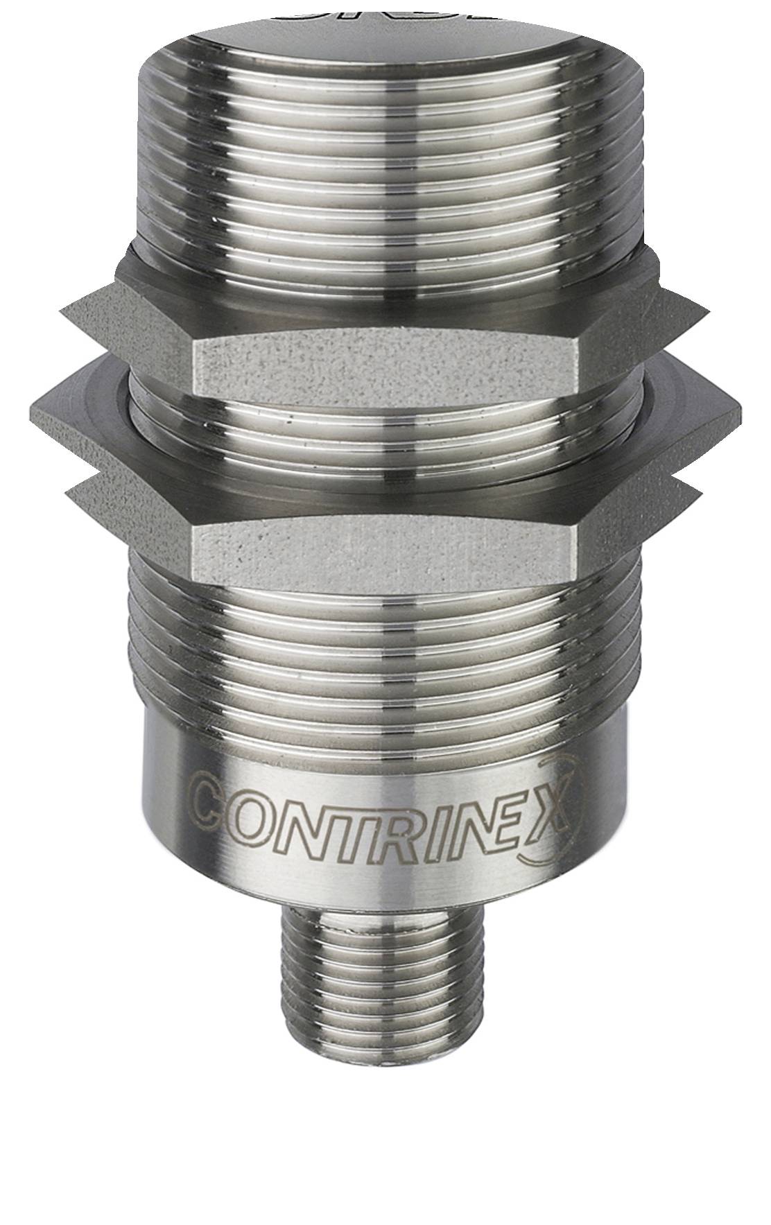 Metal sensor with multi-start threads and the inscription 'Contrinex'. Suitable for industrial applications in object detection.