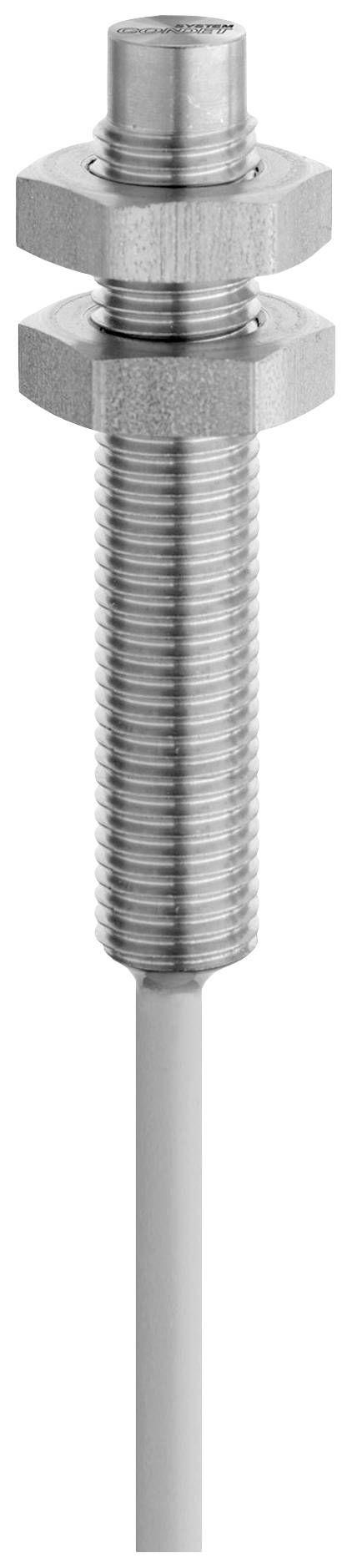 Cylindrical metal proximity switch with thread and two hexagonal nuts, connected by a cable at the lower end.