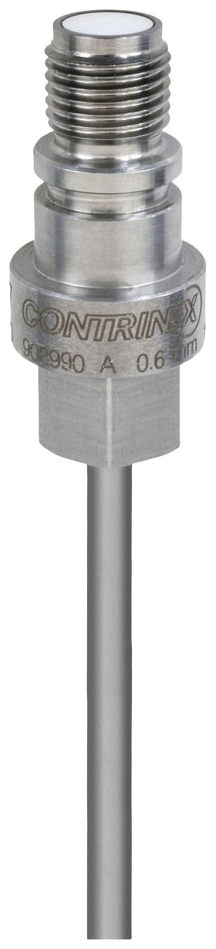 A silver, cylindrical sensor with a long rod at the bottom, marked with 'CONTRINEX'. The sensor is suitable for technical applications.