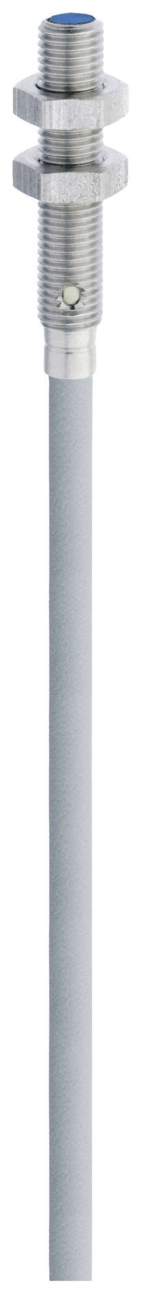 A cylindrical electrical sensor with thread, silver-coloured, with a long slender shaft.