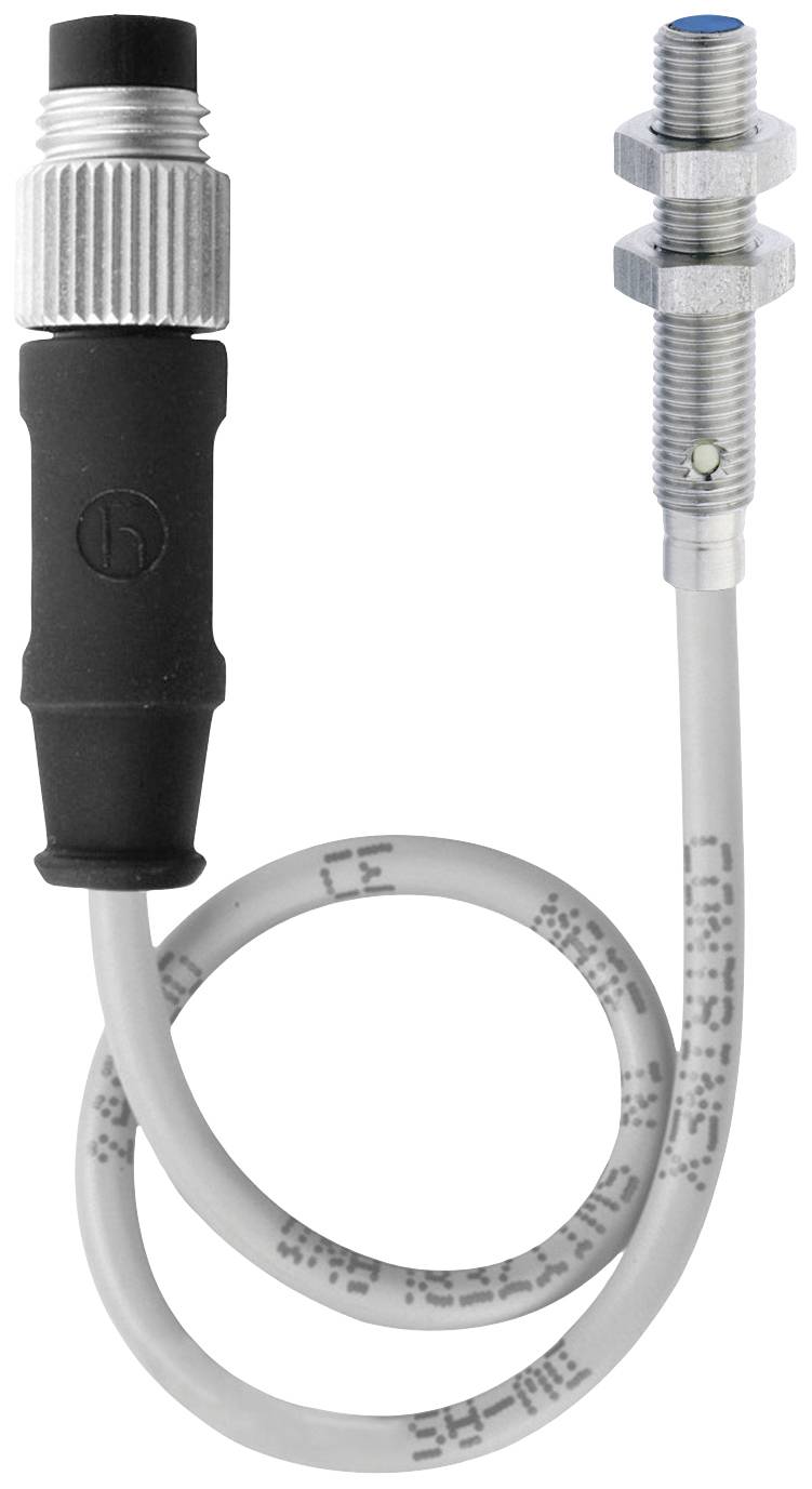A cylindrical proximity sensor with a silver metal housing and black connection cable, suitable for industrial applications.