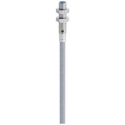 Cylindrical metal light sensor with cable connection, suitable for distance measurement or object detection in industrial applications.