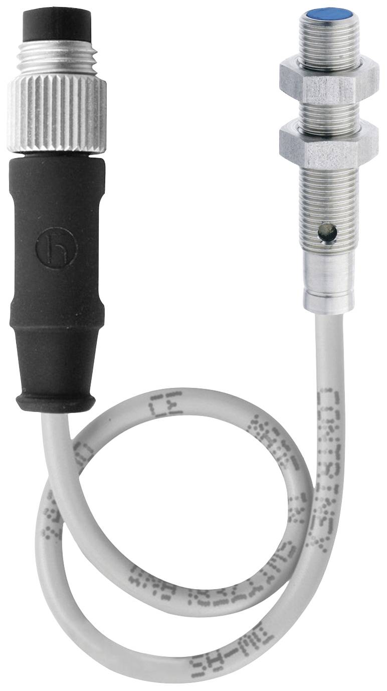 Cylindrical sensor with cable, metal housing and blue, round head.