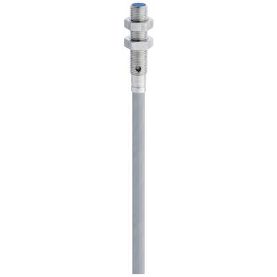 A cylindrical sensor with a metal thread and grey cable. The sensor is vertically aligned and pointing upwards.