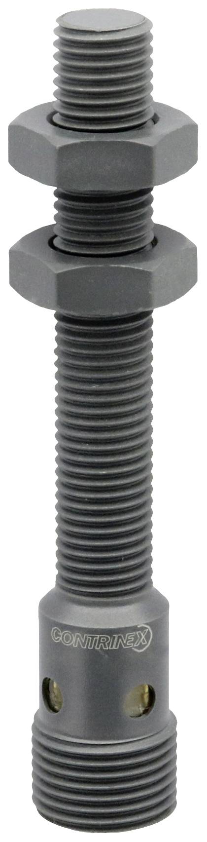 A metallic shock absorber with threading, two nuts for fastening, and a cylindrical structure, marked with 'Contratec'.
