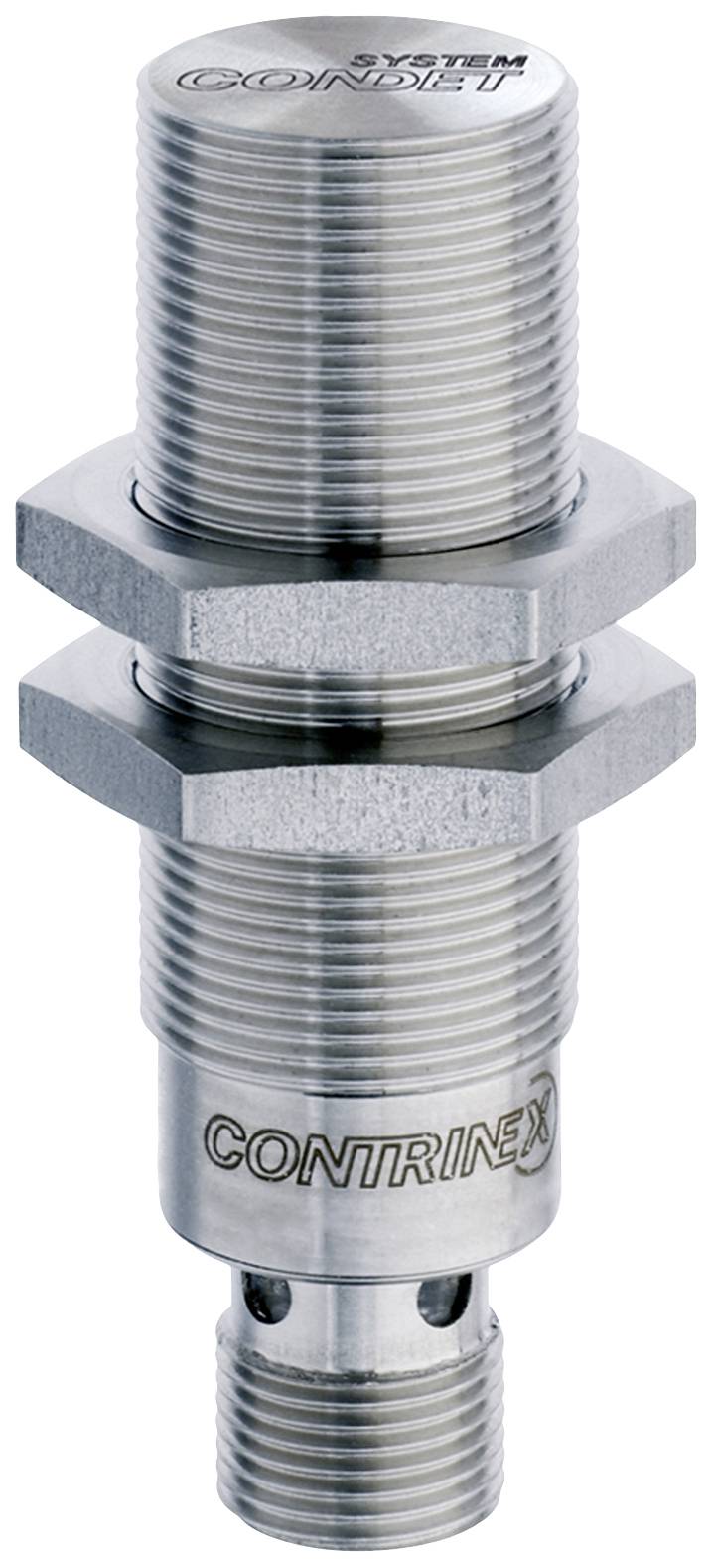 A cylindrical, metallic sensor with threading, marked with 'Contrinex'. Developed for object detection in industrial applications.