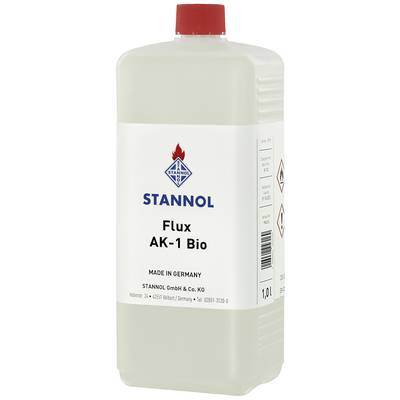 A 1-litre bottle labelled 'STANNOL Flux AK-1 Bio', manufactured in Germany by STANNOL GmbH & Co. KG.