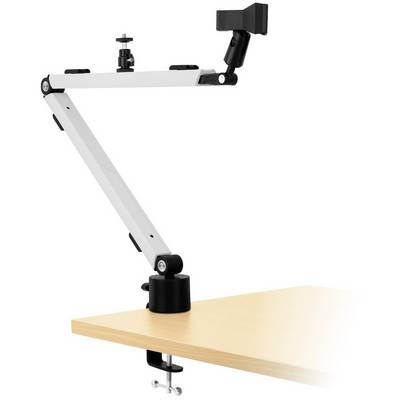 Monitor mount with a movable arm, attached to a wooden desk. The arm is tiltable and pivotable to position the screen.