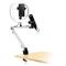 'Desk tripod with ring light and phone holder, perfect for video recordings. Integrated microphone mounted beside the holder.'