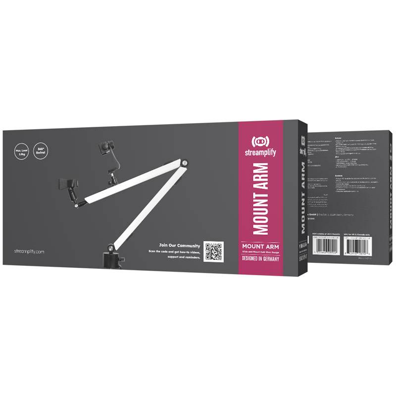 Packaging for a microphone stand with articulated arm. Brand 'streamplify'. Product name: 'Mount Arm'. Colours: Black and White.