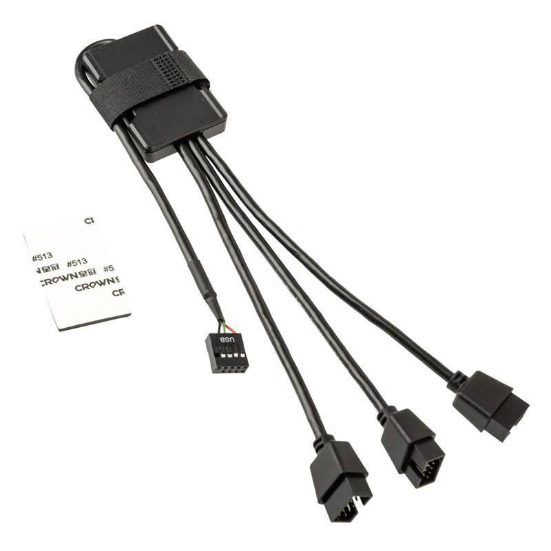 Black cable adapter with multiple ports and included white label; used for powering multiple devices.