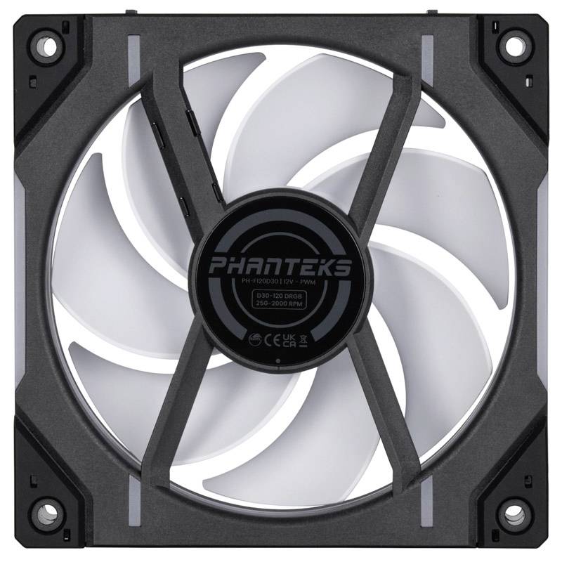 A square computer fan with a grey frame and white rotor blades. The 'Phanteks' brand is visible in the centre.