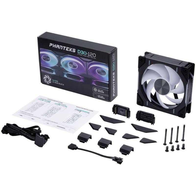 'Phanteks D30-120' fan kit with fan, cables, screws and instructions. Packaging shows illuminated fans. 120 mm size.