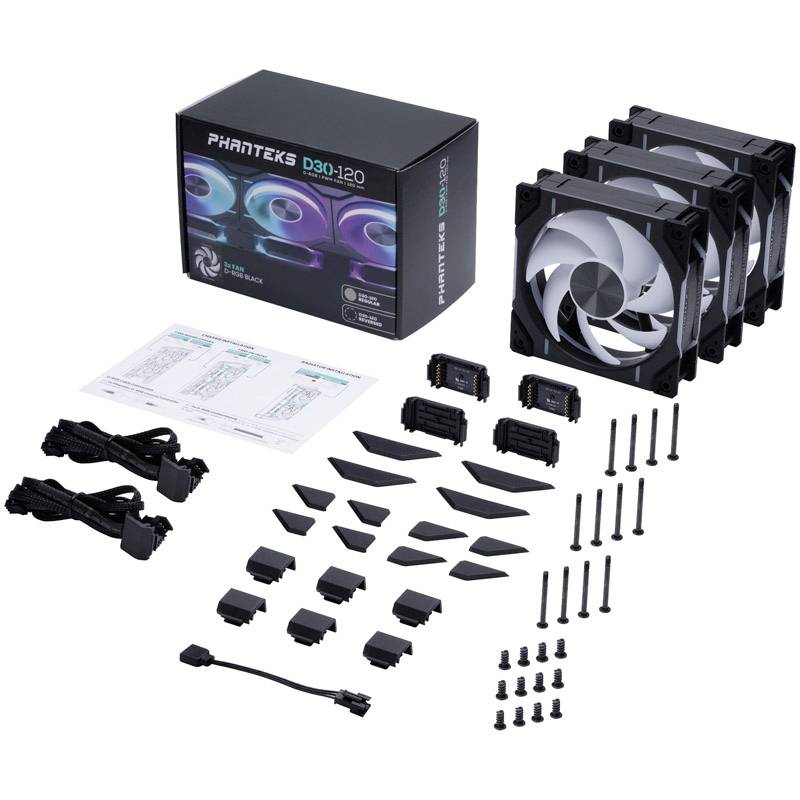 Fan kit with three black PC fans, cables, screws, and instructions. Packaging displays illuminated fan images.