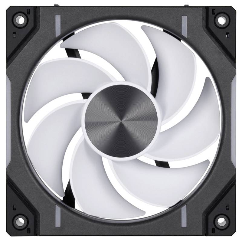 A square computer fan with a round central section and several curved blades. It is predominantly grey and white.