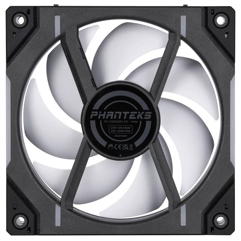 A black computer fan with grey blades and a 'Phanteks' logo in the centre, suitable for PC cooling.