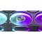 'Graphics card with illuminated fans in blue and purple. Modern design, optimised for high airflow and cooling.'