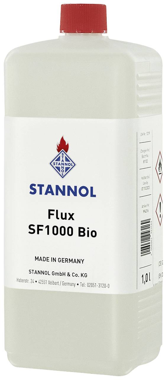 A white bottle with the inscription 'Stannol Flux SF1000 Bio'. Text underneath: 'Made in Germany'.