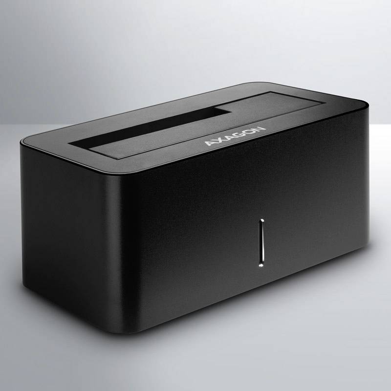 Black external hard drive docking station with slots for 2.5" and 3.5" SATA hard drives. Marked with 'AXAGON'.