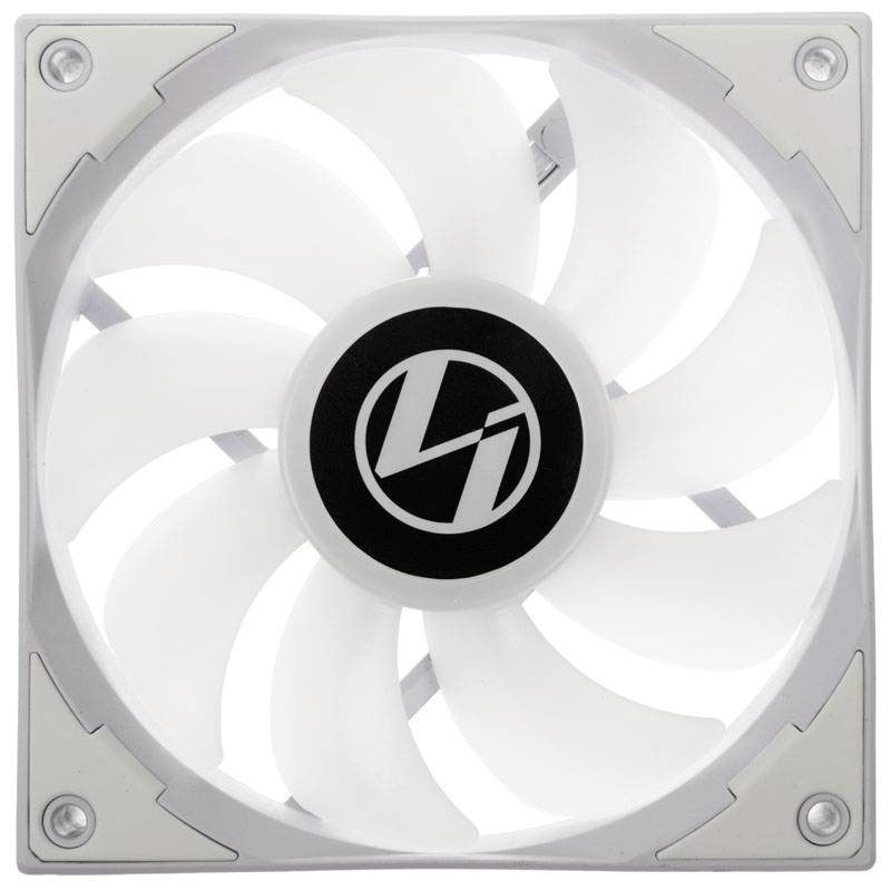 A white computer fan with a black logo in the centre, consisting of eight blades, set within a square frame.