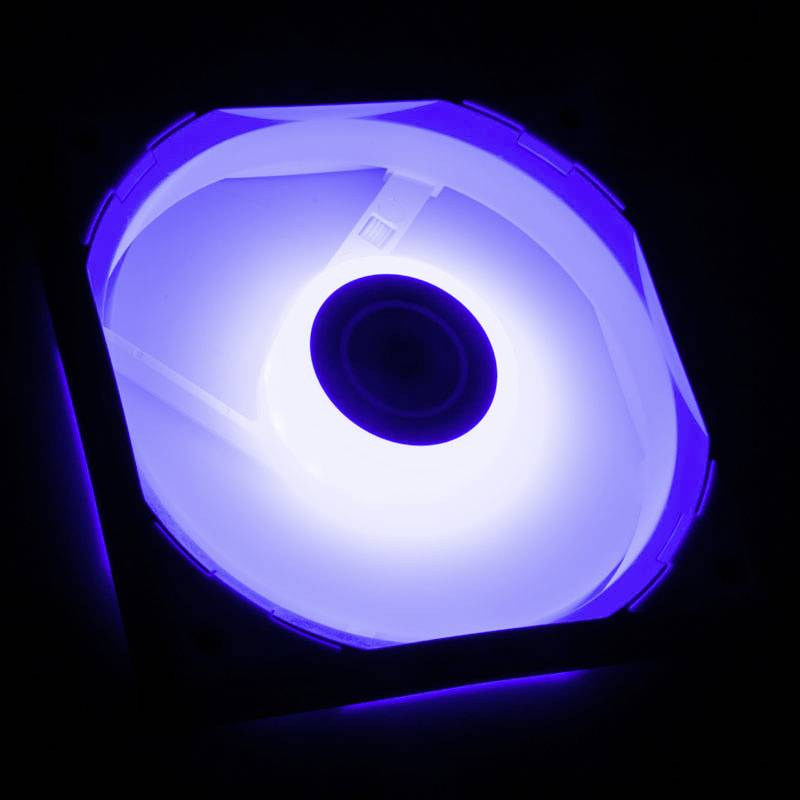 A blue-illuminated computer fan glowing in a dark room.