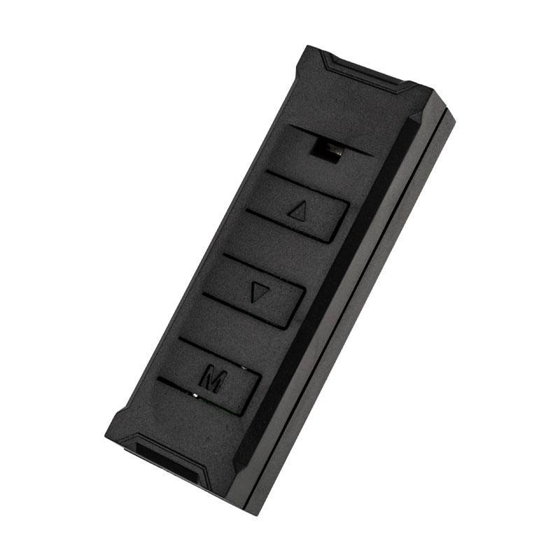 A black remote control device with four buttons arranged vertically, with a sliding switch beneath them.