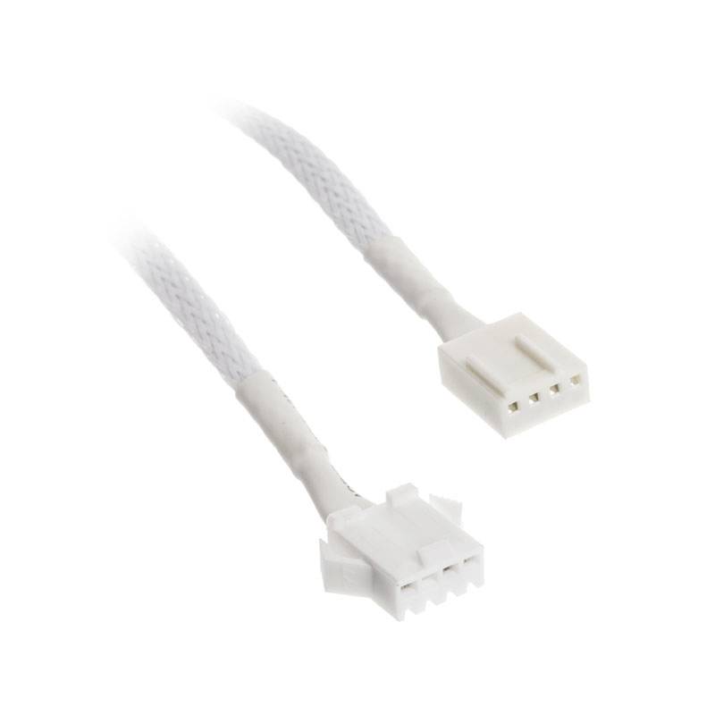 A white cable with two different connectors at its ends, one with four pins and the other with three pins, set against a white background.