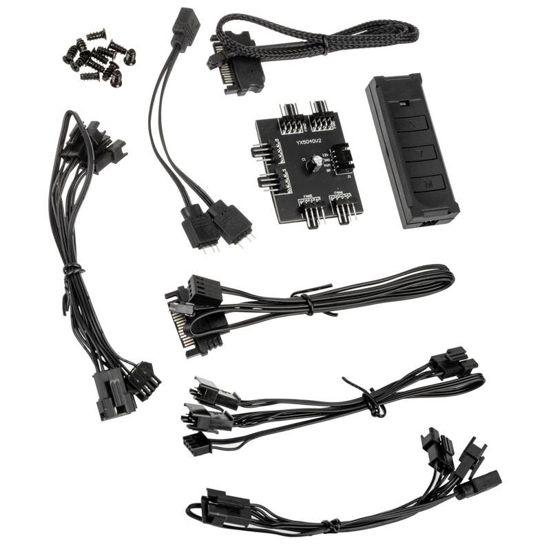 Cable assembly with multiple connections and a controller. Contains screws, several cables, and a distributor for PC components.