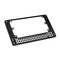 Rectangular black metal plate with numerous round holes arranged in two rows in the lower section.