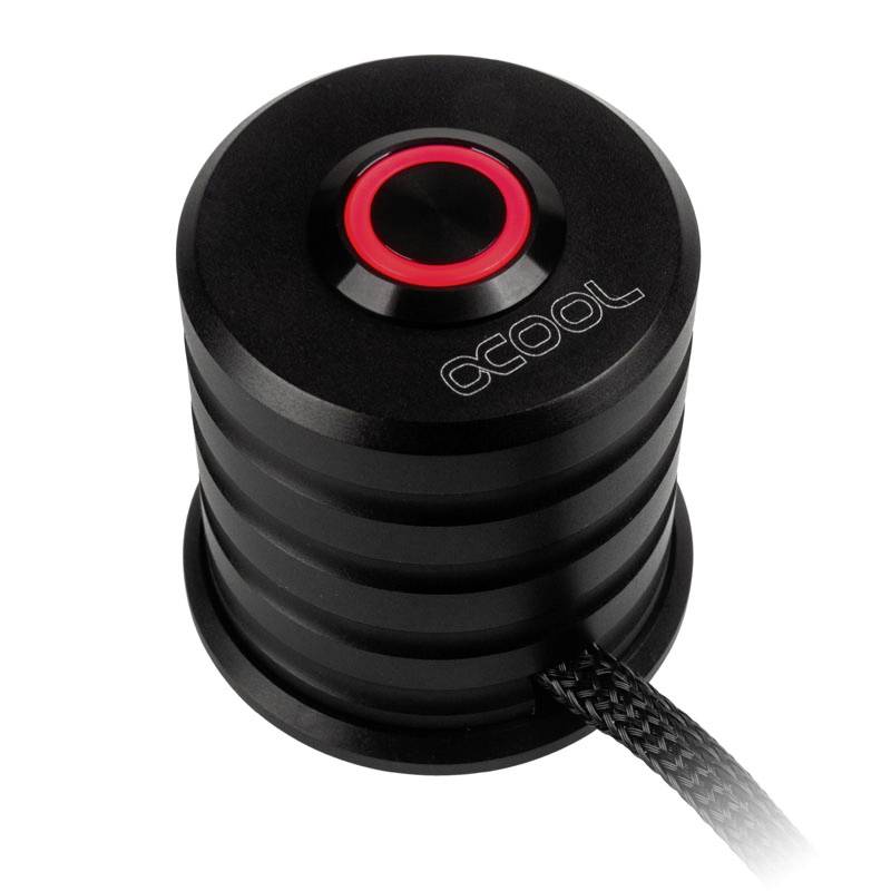 Black water pump with red accent and braided cable. Labelled 'OCool'. Suitable for cooling electronic systems.