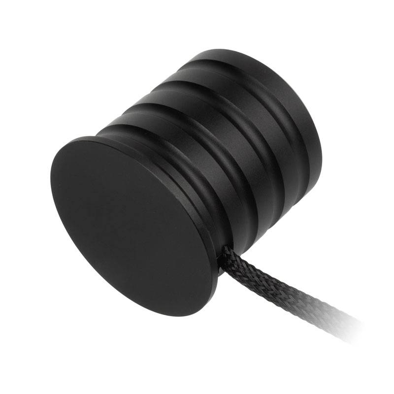 Black, cylindrical toggle switch with a ribbed surface and braided cord.