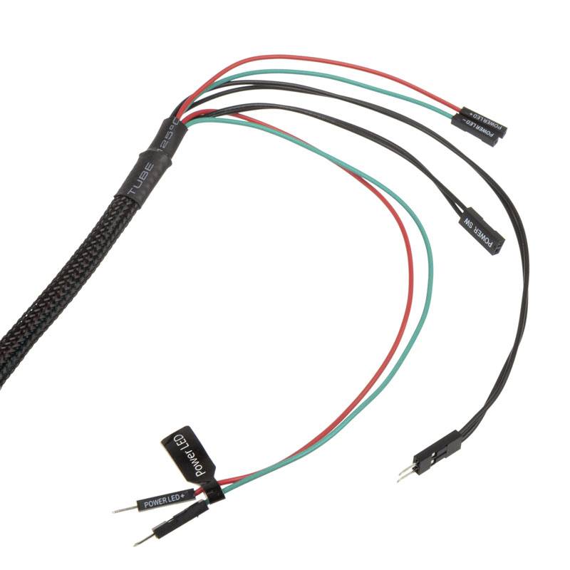 A three-core cable with a black braided sheath and three colour-coded wires (black, red, green), labelled 'POWER LED', 'HDD LED' and 'SWITCH'.
