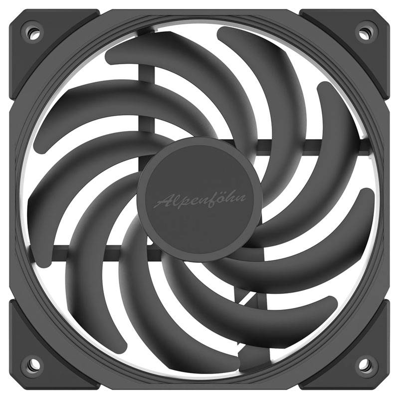 'Black computer fan with multiple curved rotor blades. Central circle with the inscription 'Alpenföhn'.'