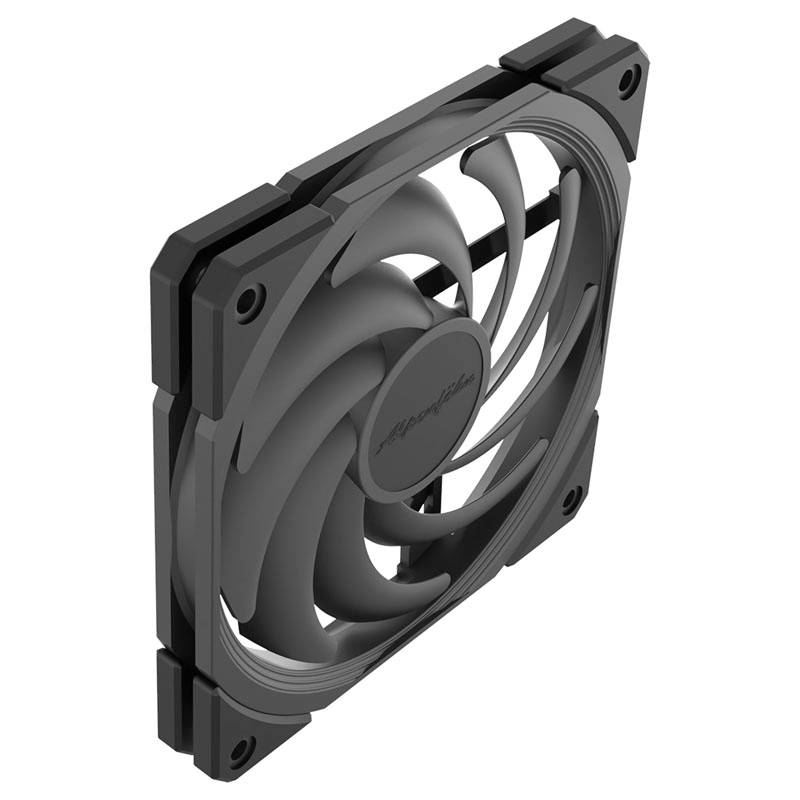 A black computer fan with multiple rotor blades in a square frame. Used for cooling electronic components.