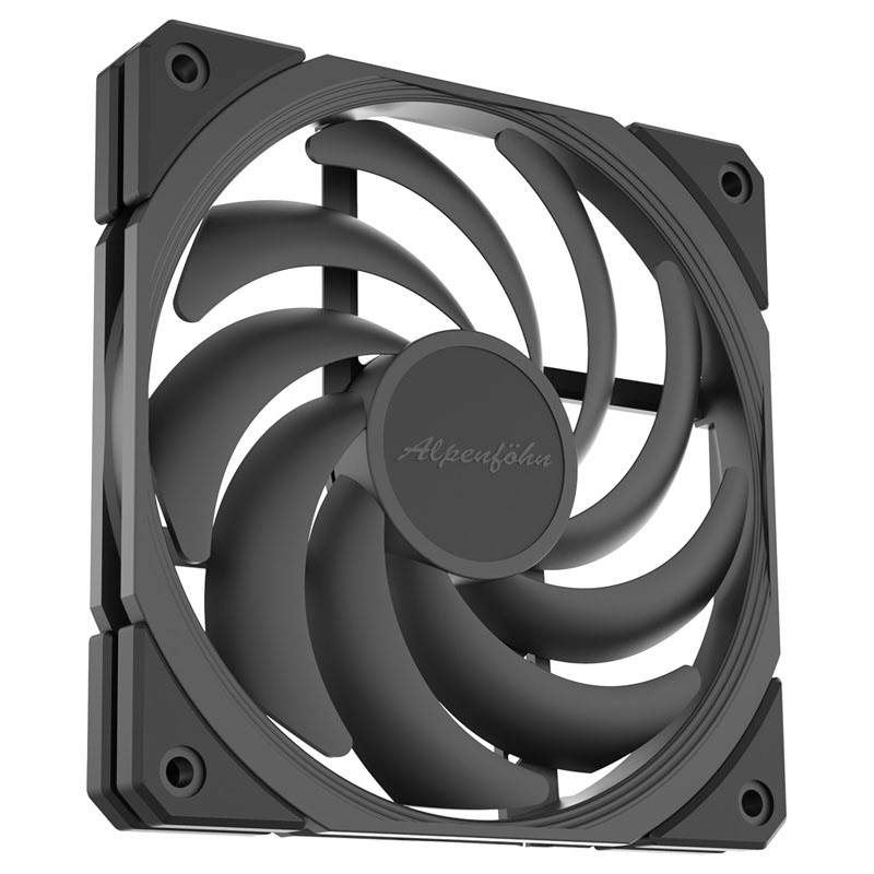 Black computer fan with multiple rotor blades and a rectangular frame.