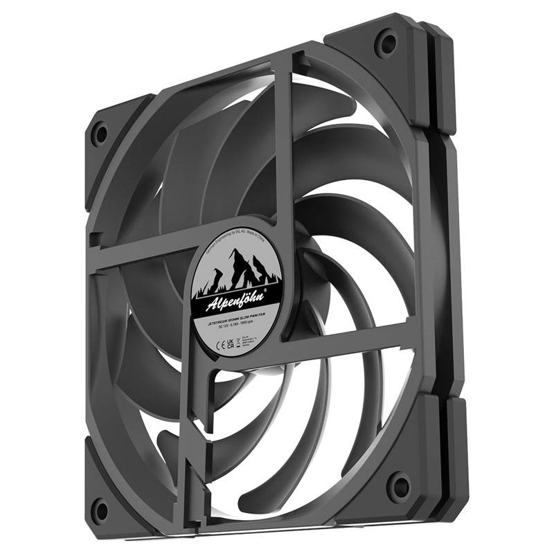 A black, square computer fan with a sticker in the centre showing the brand logo and CE marking.