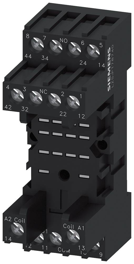 A black relay socket module with screw terminals, designed for industrial use. Model number and brand printed on the side.