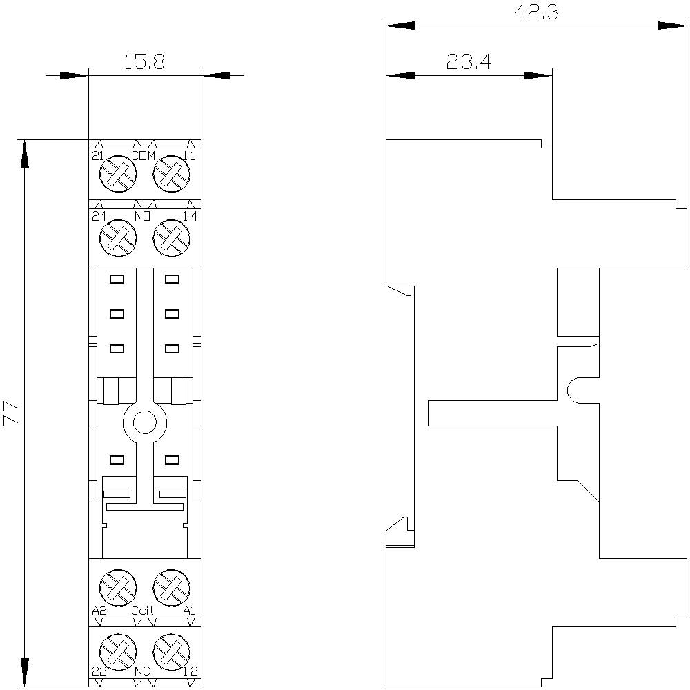 Technical drawing of an electrical relay with dimensions. Main view on the left shows connection terminals, right side view with precise measurements.