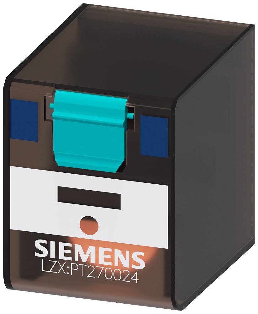A black Siemens relay with a blue button and a white label at the bottom, reading 'SIEMENS LZX:PT270024'.