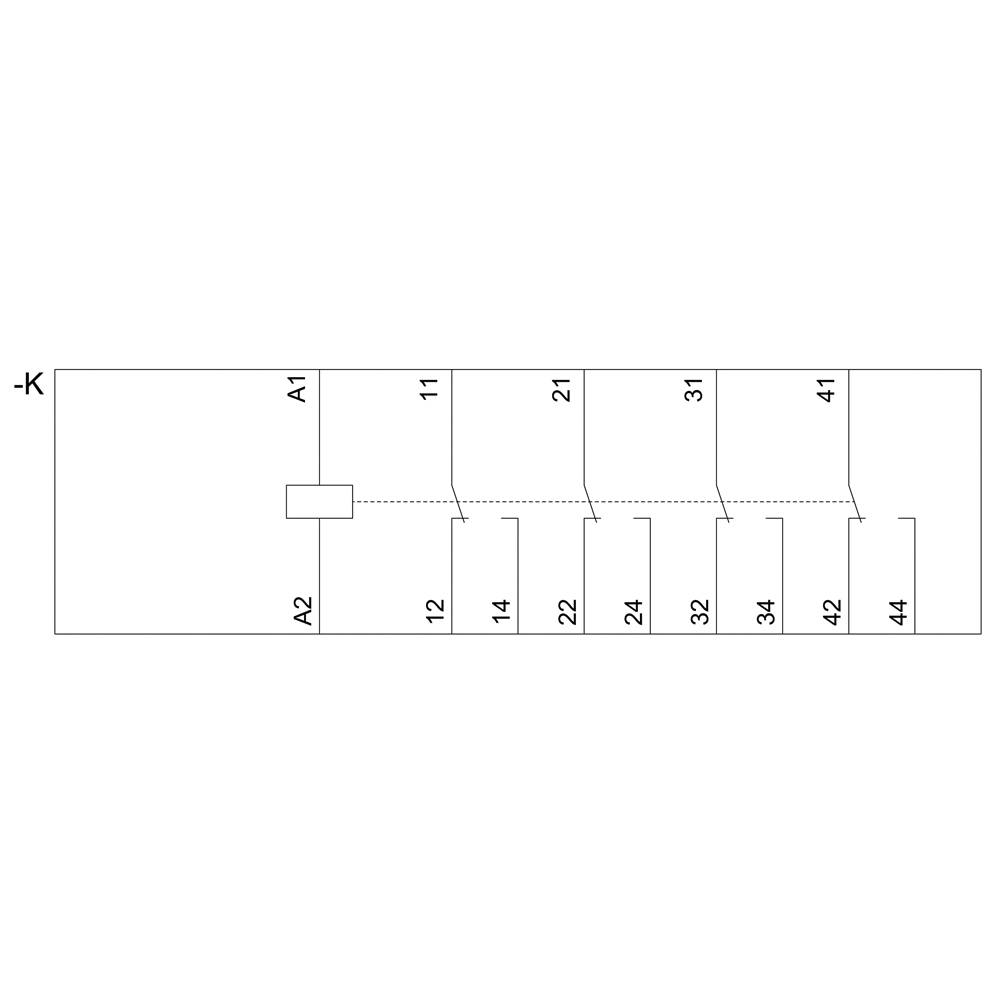 Block diagram with vertical and horizontal lines. Left side shows '-K'. Top has 'A1' and on the right various numbers: 11, 21, 31, 41. Bottom has 'A2' and the numbers: 12, 14, 22, 24, 32, 34, 42, 44.