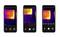 Three smartphones display thermal imaging of a square surface with a gradient ranging from blue to yellow. Temperature readings are visible.