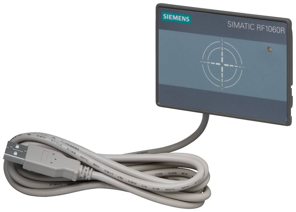 Siemens Simatic RF1060R reader with USB cable. Device for RFID data capture. Grey colour, short USB connection.