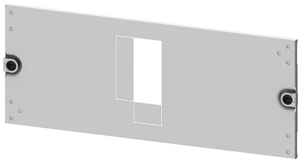 Grey metal plate with a rectangular cutout in the centre and two black plastic fixings on the sides.